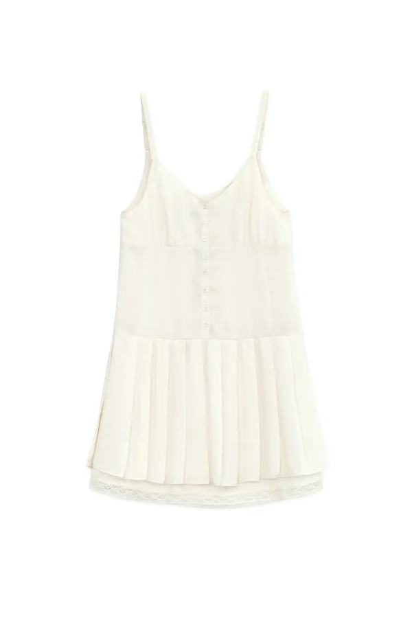 LACE PLEATS MIDI ONE-PIECE, IVORY