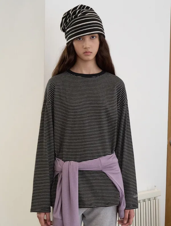 Embroidery stripe contrast T-shirt_Black
