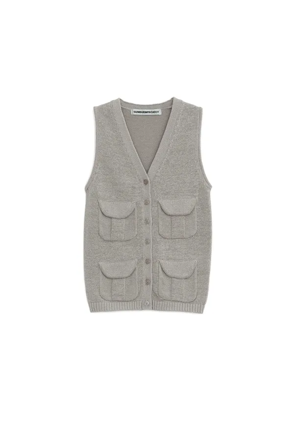 MULTI POCKET CROP KNIT VEST, GRAY
