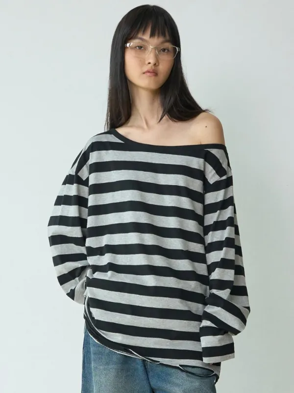 One Shoulder Distressed T-Shirt [Stripe Black]
