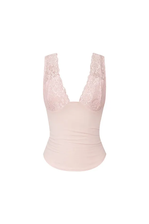 DEEP V-NECK LACE SLEEVELESS TOP (LIGHT PINK)