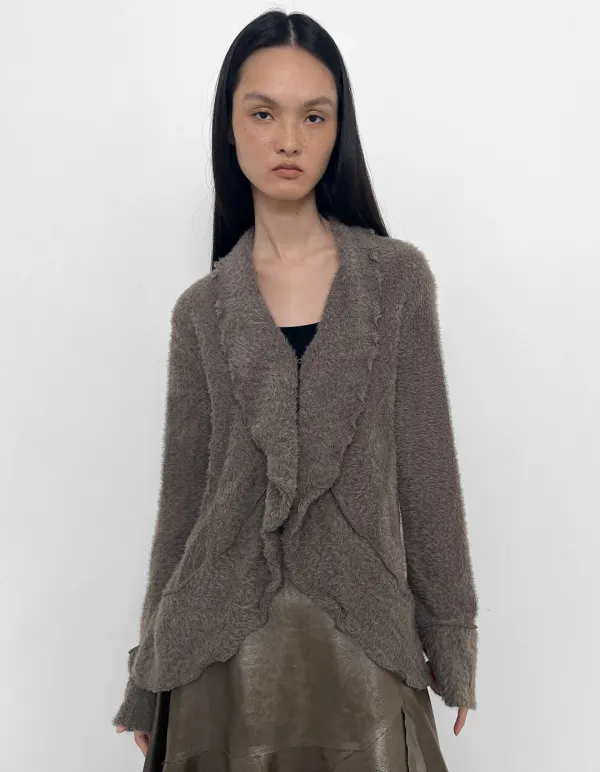 FUZZY RUFFLED CARDIGAN, TAUPE