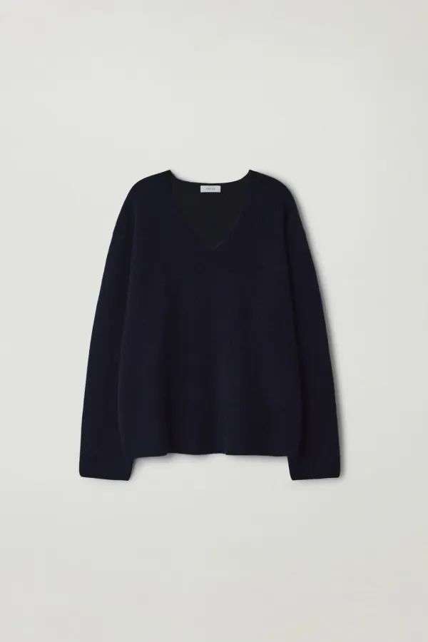 Ribbed v-neck knit (Navy)