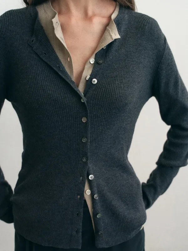 Fine Ribbed Cardigan_Charcoal