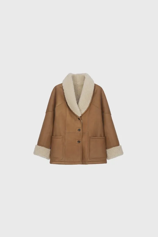 [Exclusive] Sheepskin shearling coat (beige / black)