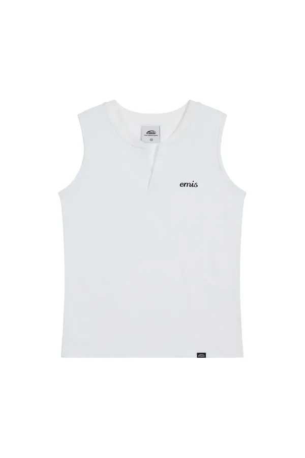 (W) HENLEY NECK SLEEVELESS TOP-WHITE
