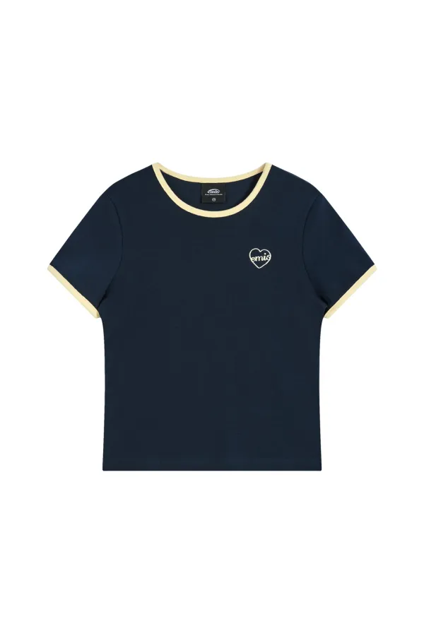 (W) HEART LOGO RINGER T-SHIRT-NAVY