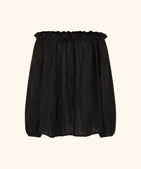 Leaf One-Shoulder Frill Blouse ( Black )
