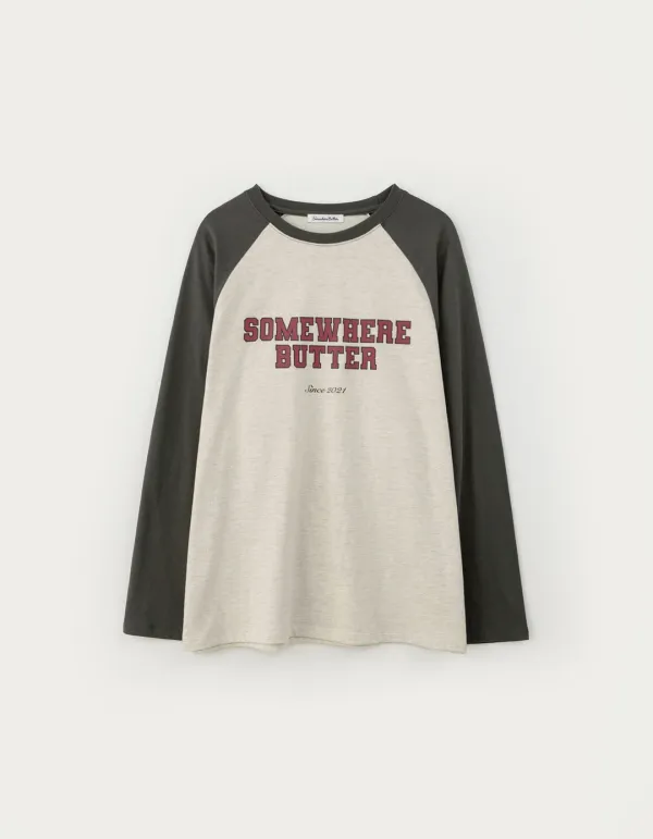 Raglan Campus Logo Long Top - Oatmeal(Khaki)