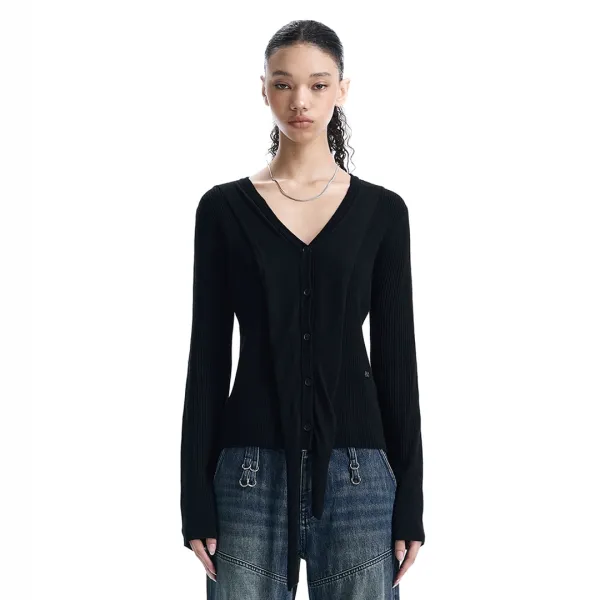 V-Neck Scarf Knit Cardigan [ Black ]