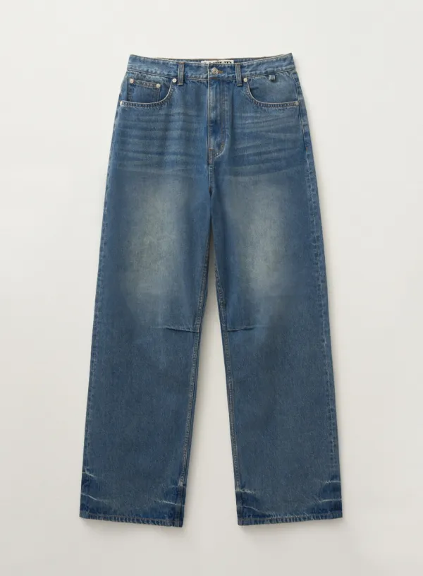 Crease Hemline Wide Denim Pants - Union Washed