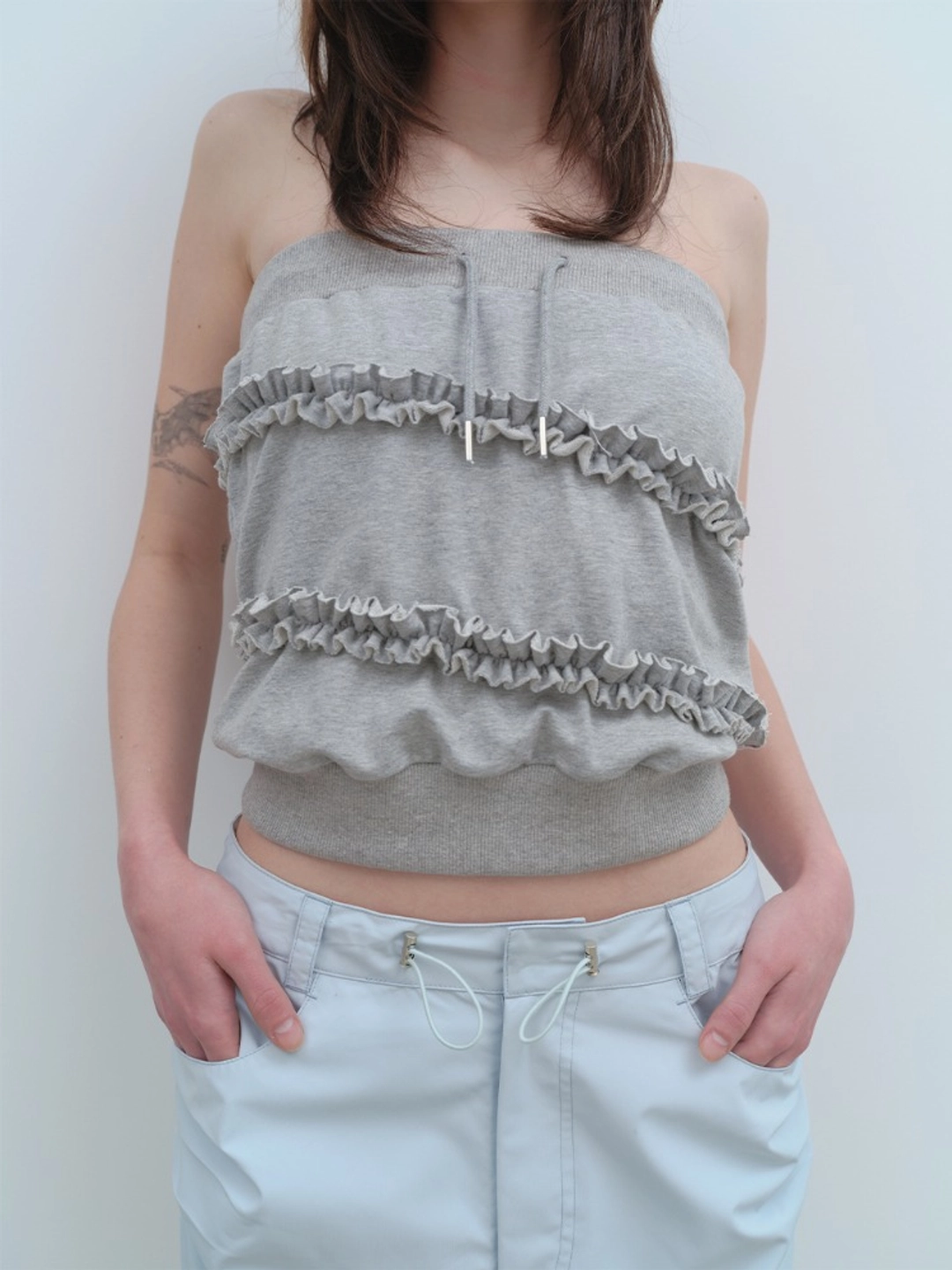 밀로 우먼 Jersey Frill Tube Top [Melange Gray] 상품 이미지 1