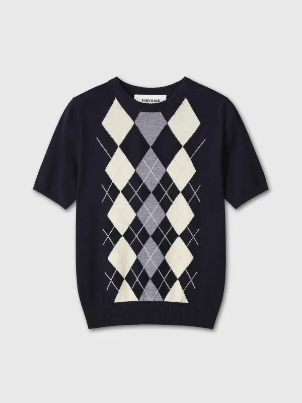 (W) SUPERFINE WOOL ARGYLE CREW NECK SWEATER_ NAVY WAX YELLOW