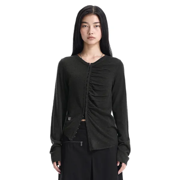 Hook-Detail Shirred Cardigan [ Khaki ]