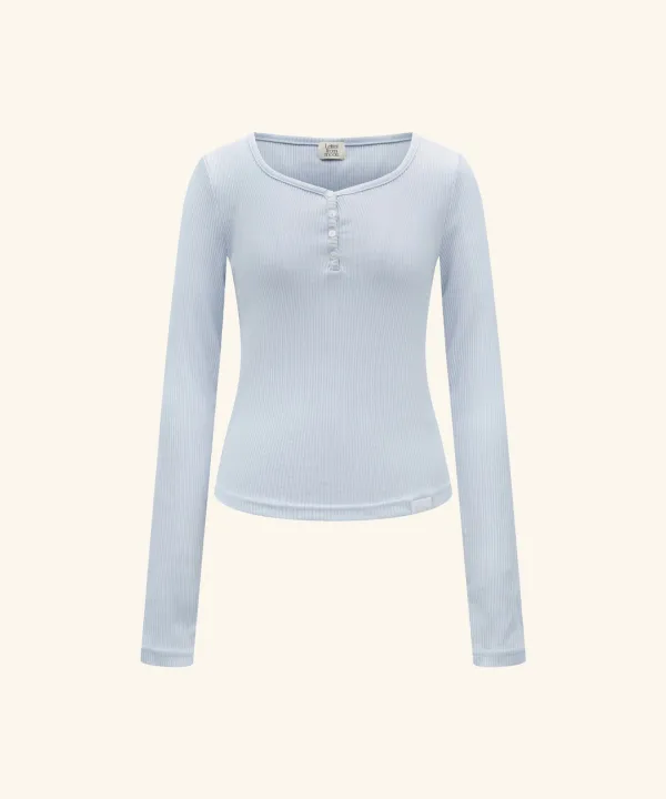 Letters Button Heart Neck T-Shirt ( Blue Gray )