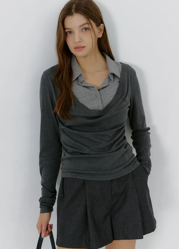 [44-120]  Zachary Collar Cowl Nect Tee  자카리 카라 카울 넥 티 (가을-봄-데일리룩-페미닌-데이트룩-격식룩-출근룩-카훌넥-카라티셔츠-다이마루-레이어드-카라넥-긴팔티셔츠-여리핏-자체제작)