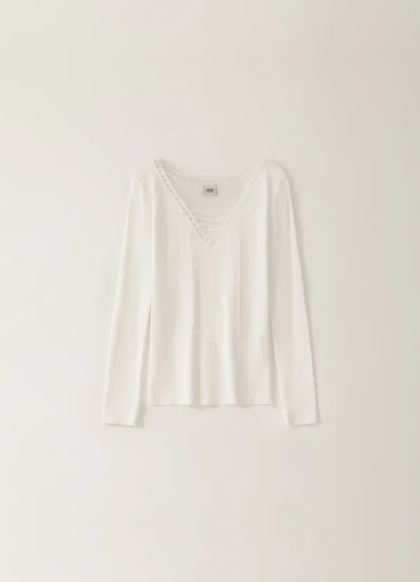 [Limited] Deep V-neck lace T-shirt - White