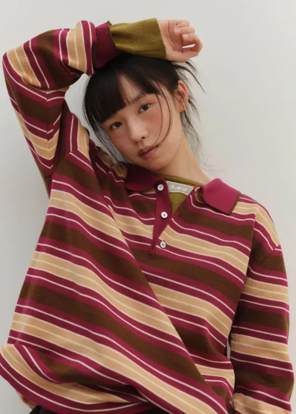 [6TH]OWN STRIPE COLLAR KNIT - PLUM
