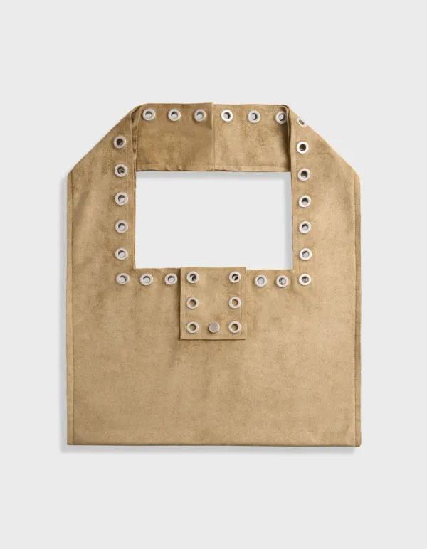 EYELET SUEDE SHOULDER BAG, YELLOWISH BROWN