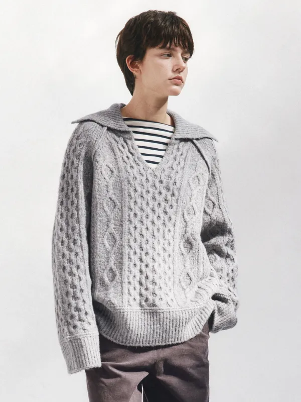 Cable V-Neck Collar NT_(Gray)