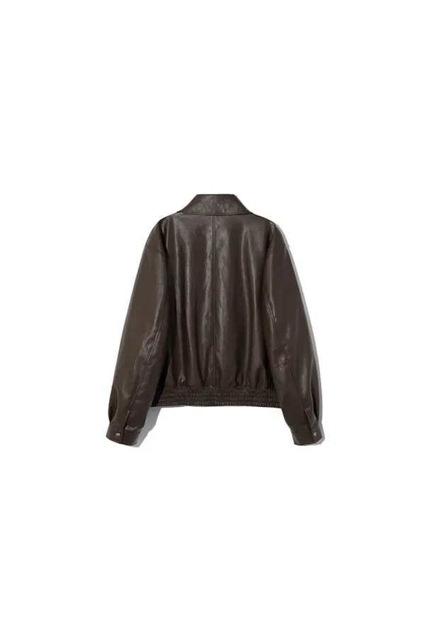 FAUX LEATHER ZIP BLOUSON [BROWN]