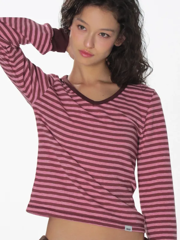 COZY STRIPE V-NECK TOP_PINK