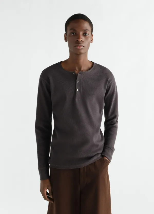 LONG-SLEEVE HENLEY T-SHIRT IN LINEN AND COTTON RIBBED JERSEY