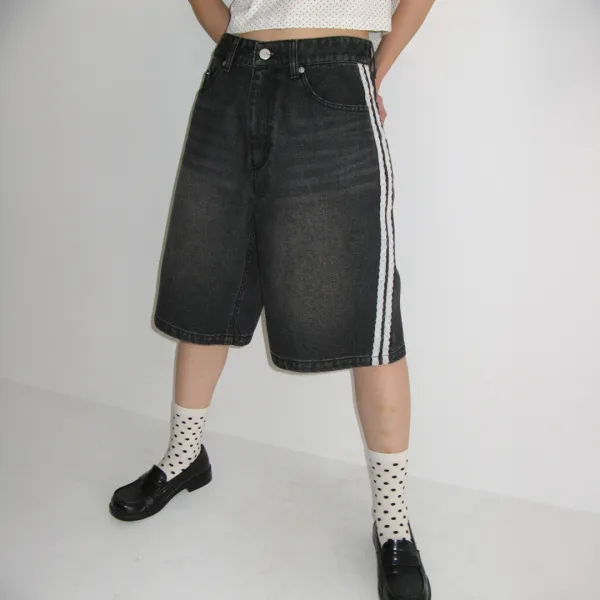 SIDE LACE TRACK DENIM SHORTS PANTS BLACK
