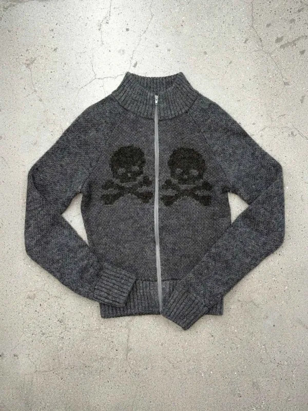 Skull Zip-Up Sweater Melange Gray