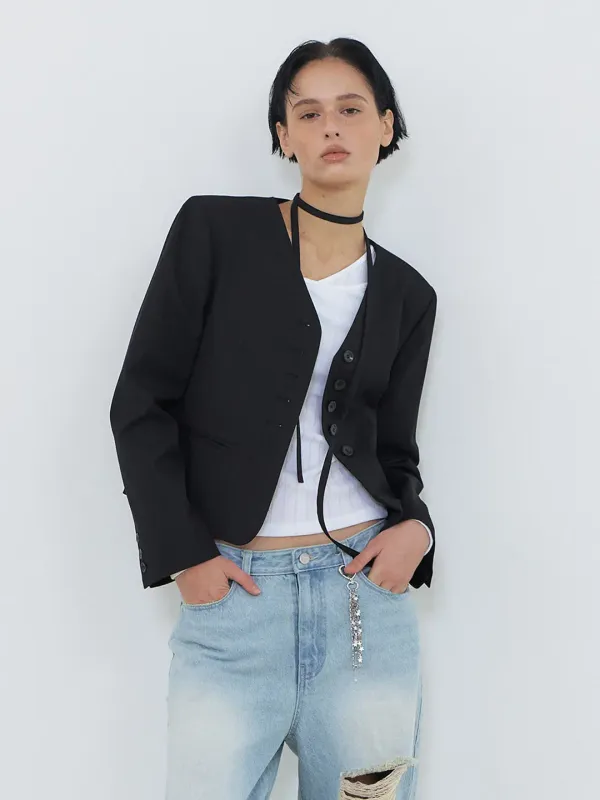 V-Neck Tie Stitch Jacket, Black