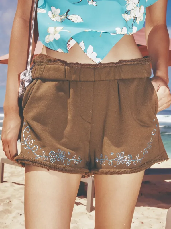 FLOWER NEEDLEWORK HOTFIX SHORTS_BROWN