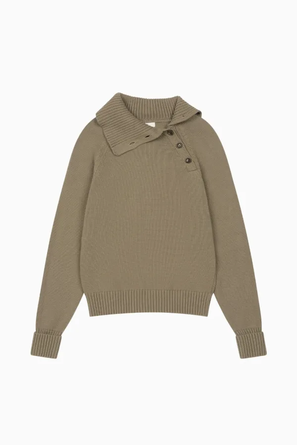 BUTTON COLLAR RAGLAN KNIT, BEIGE