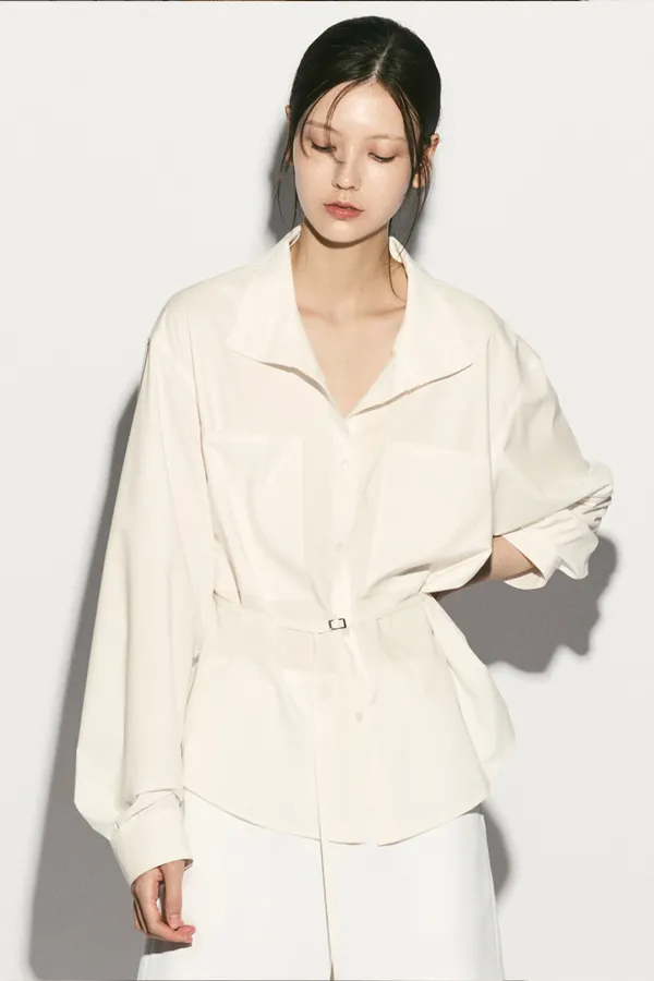 FUNNEL NECK BELTED BLOUSE WHITE