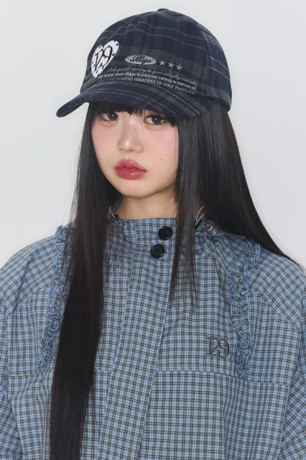 하트 레터 볼 캡 체크 네이비