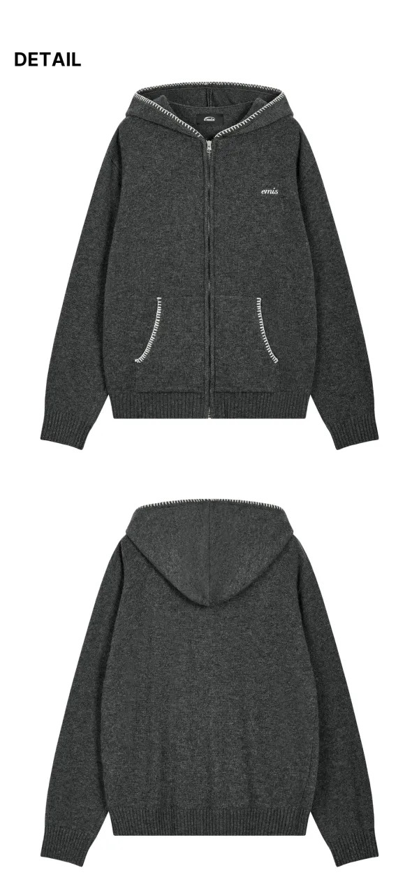 BLANKET STITCH KNIT HOOD ZIP-UP-CHARCOAL