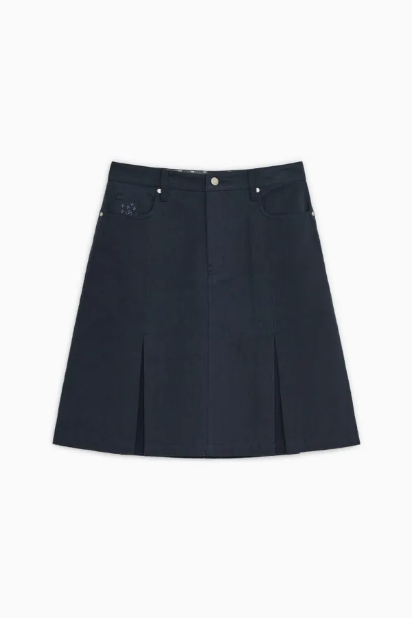 FLORAL LINE PLEATED MIDI SKIRT, NAVY