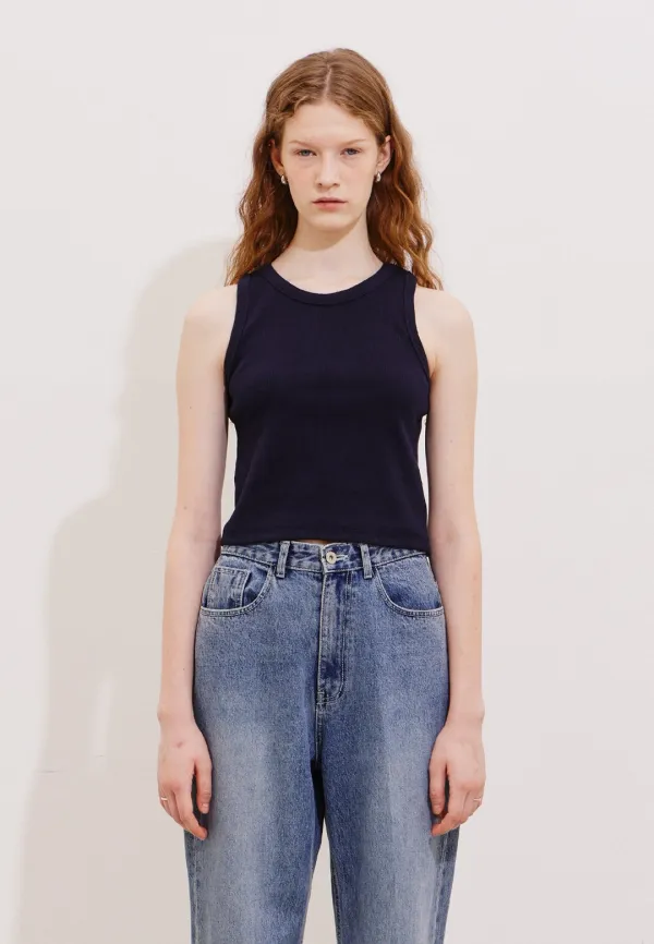 RIBBED SLEEVELESS CROP TOP - NAVY