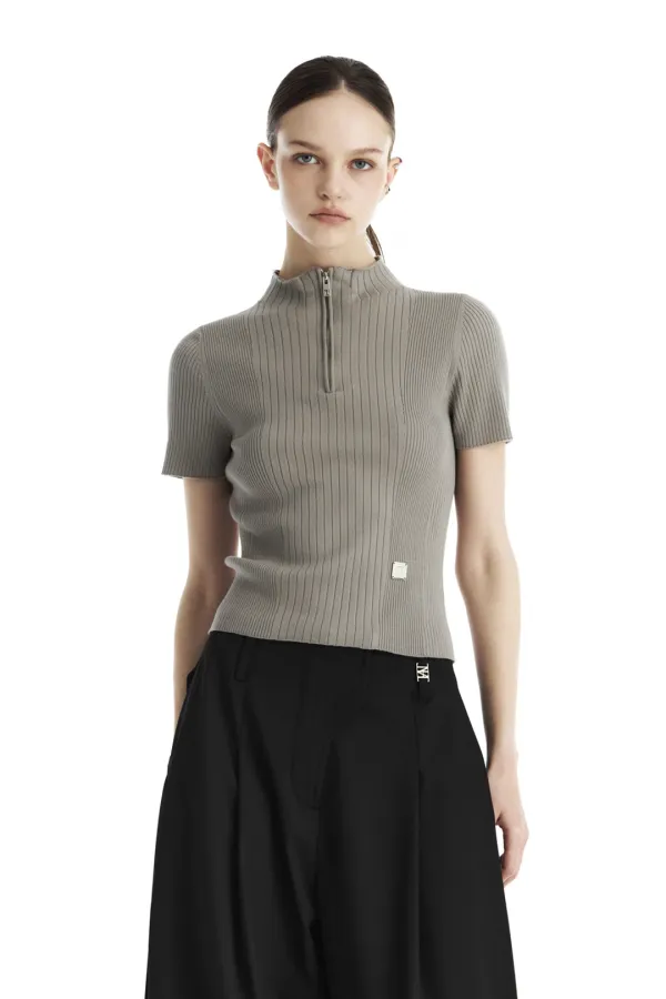 Ribbed Half-Zip Knit Top [ Gray ]