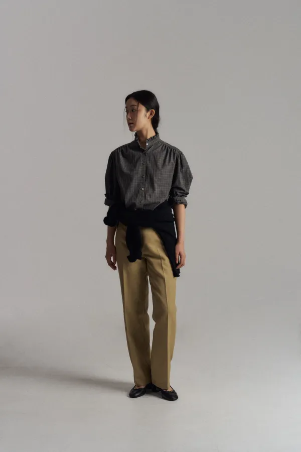 Ruffle Cotton Check Blouse (Charcoal)