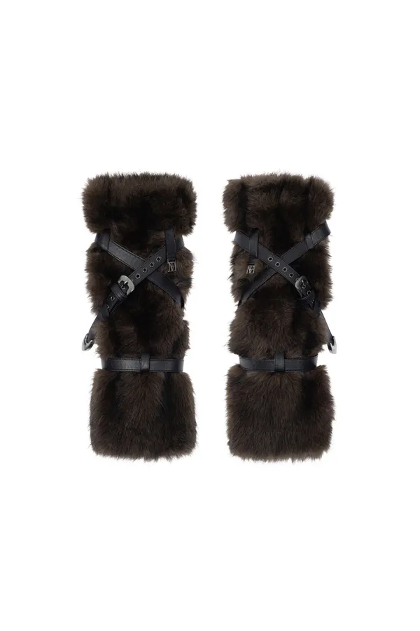 Leather-Buckled Faux-Fur Leg Warmers [ Dark Brown ]