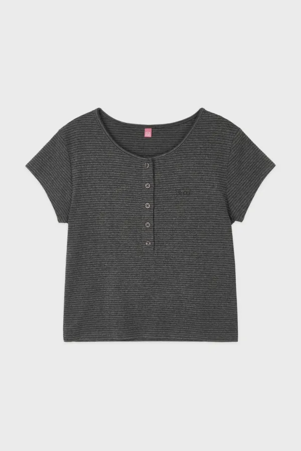 SN Henley Neck Stripe Cap Sleeved T-shirt (Dark Melange Grey)