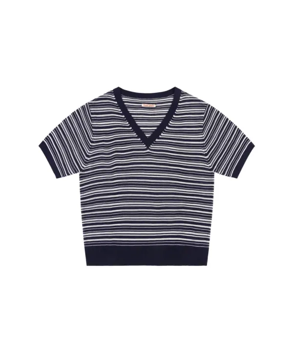 KN4294 스트라이프 하프 슬리브 니트_Dark navy