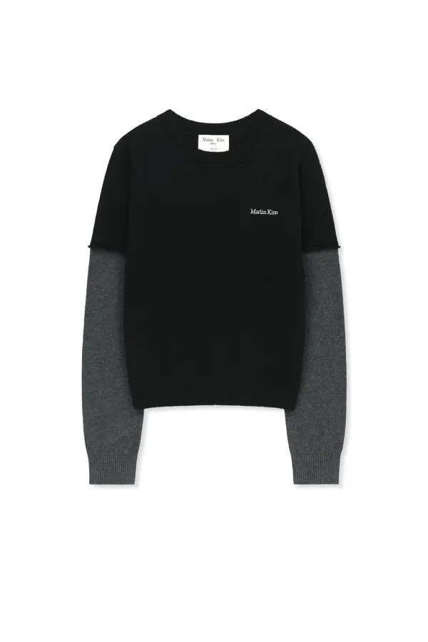 CASHMERE BLENDED TWO TONE KNIT PULLOVER IN BLACK