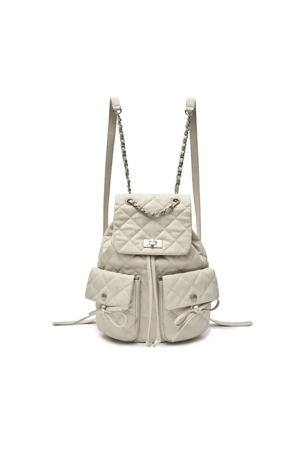 DOUBLE POCKET QUILTING BACKPACK IN LIGHT BEIGE