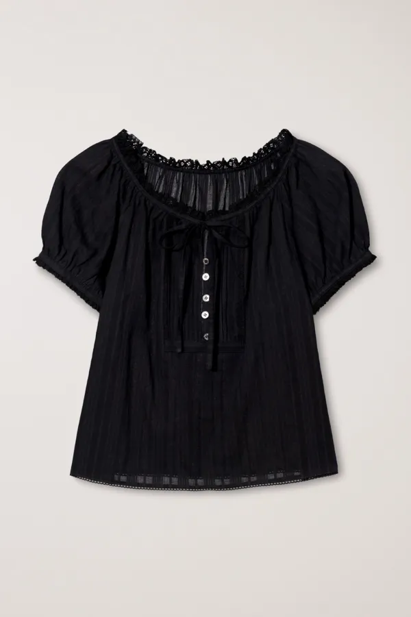 RIBBONED SHIRRING BLOUSE BLACK_UDBL6B224BK