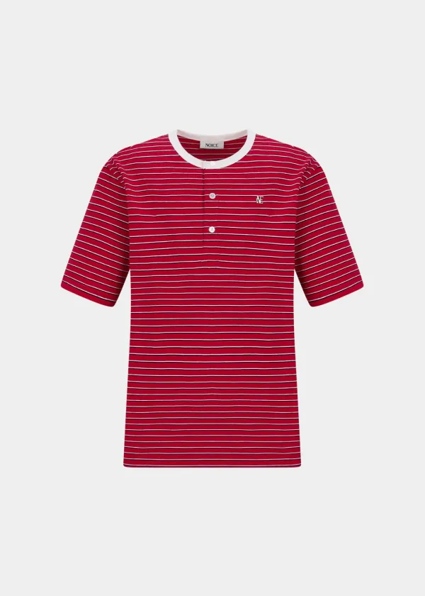 COTTON STRIPE RINGER HENLEY NECK - RED
