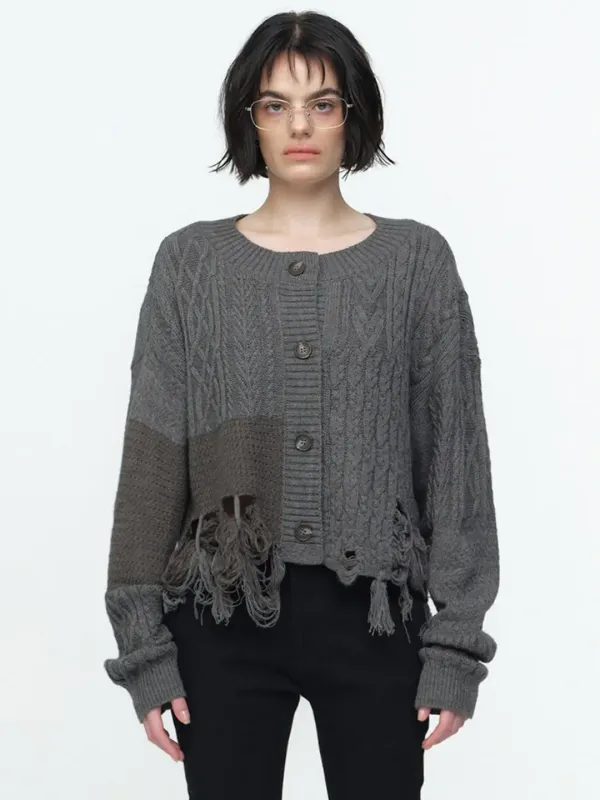 Fringe Cropped Loose Cardigan [Gray]