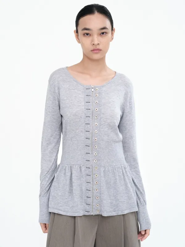 Fake Button Zip-Up Cardigan [Gray]