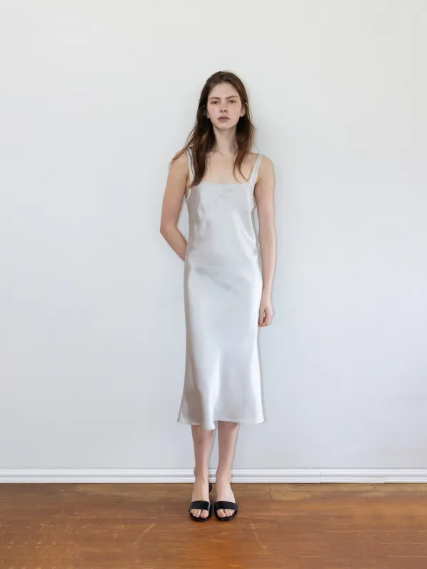 Plain Midi Satin Dress_Silver Gray