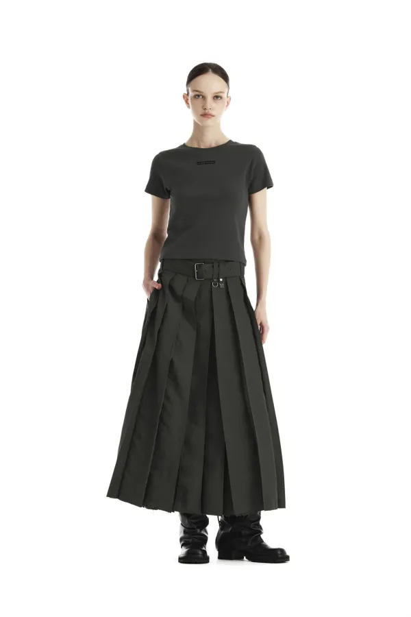 Belted Deep Pleat Skirt [ Dark Khaki ]